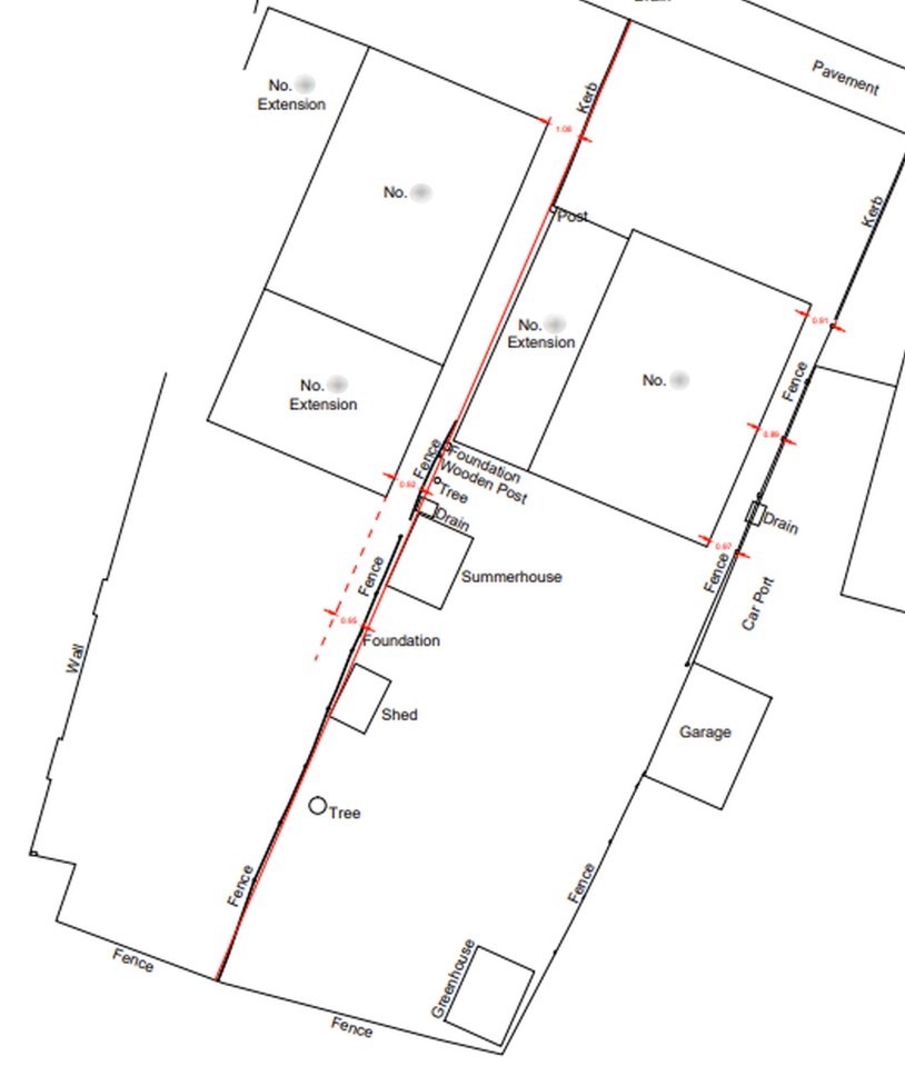 The boundary line drawn up by a land surveyor at Philip's request showing the amount of land in dispute in relation to the original fence line