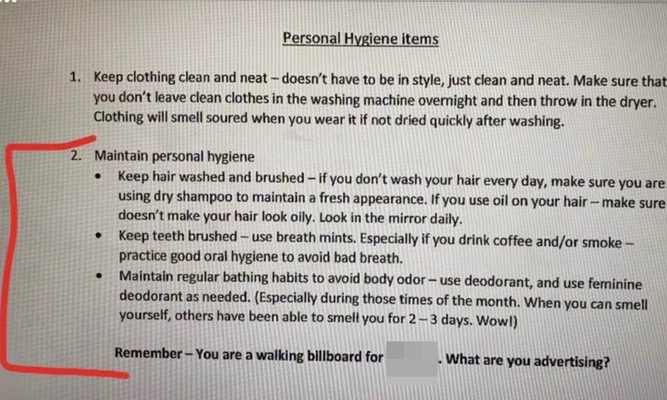 The email listed personal hygiene tips to female employees