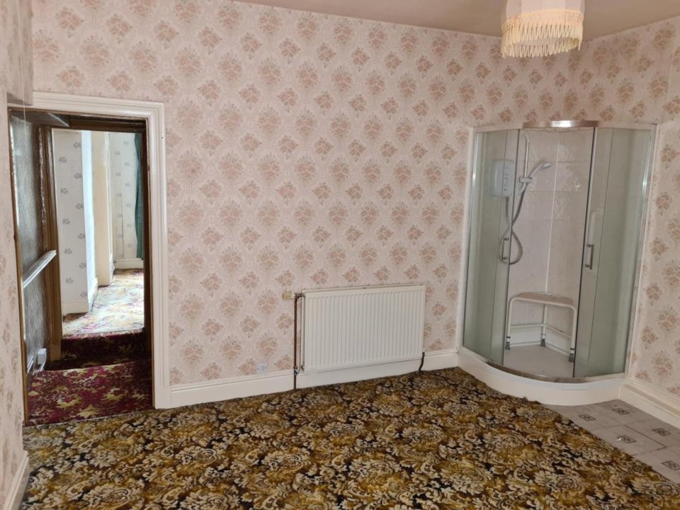 The shower looks very strange in a corner of the carpeted room