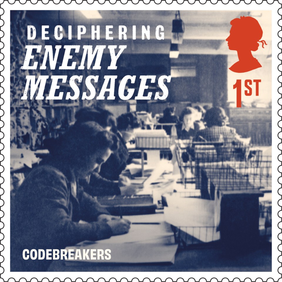 One stamp features a rare photograph showing female codebreakers working at Bletchley