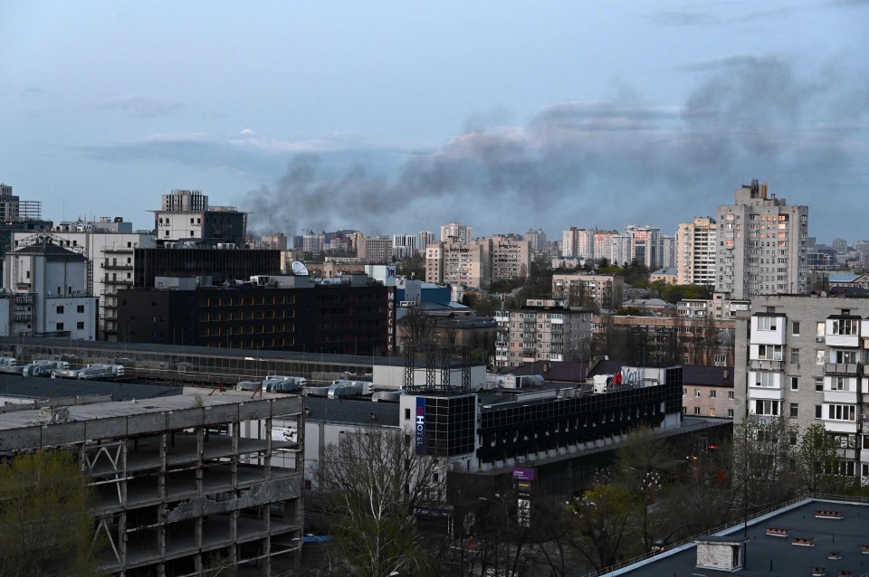 Smoke rises after a missile attack on Kyiv last night