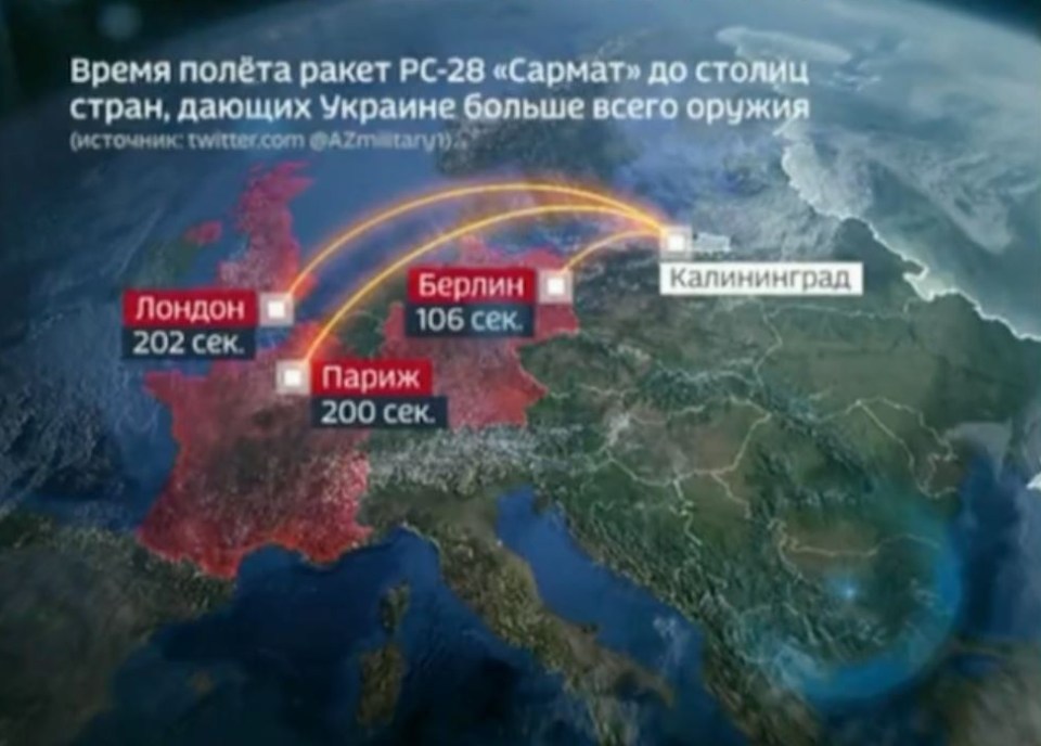 Russian state TV boasted nukes based in Kaliningrad could strike Berlin in 106 seconds and London in 202 seconds