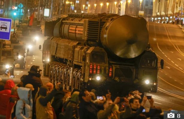 A missile parades through Moscow in a rehearsal for Victory Day celebrations on May 9