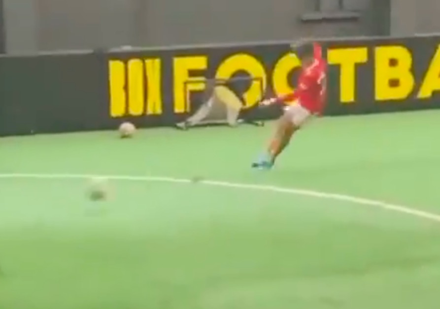 Ronaldo's 11-year-old son sweeps the ball into the bottom corner