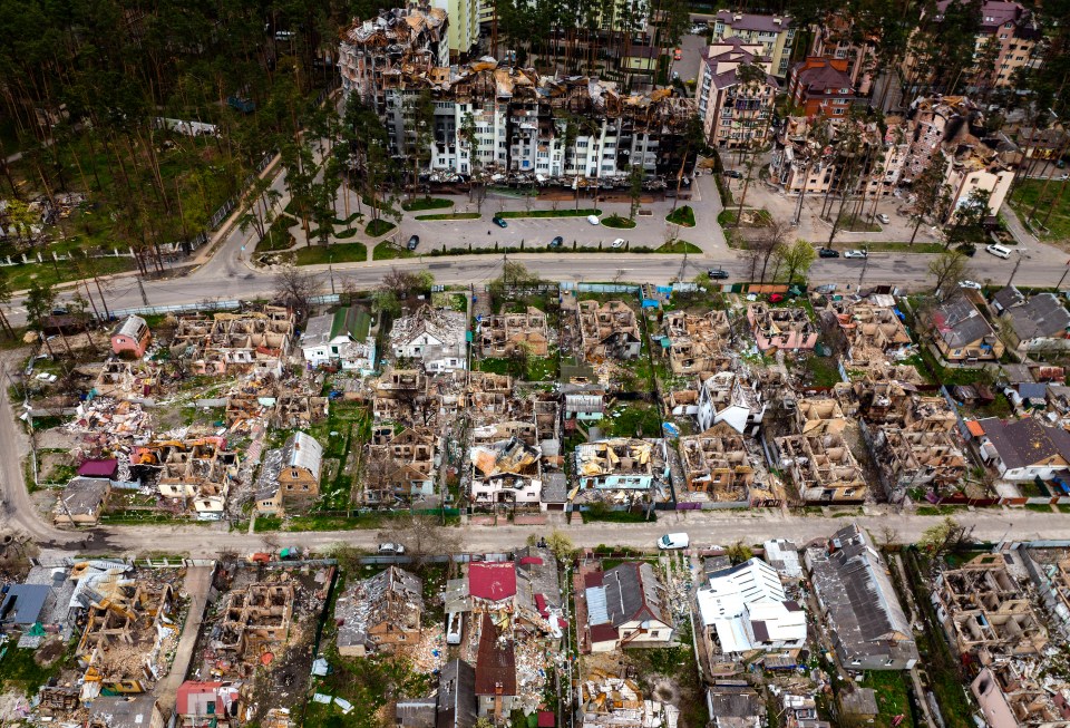 Aerial images show destroyed apartment blocks and homes in Irpin on the outskirts of Kyiv following aerial strikes