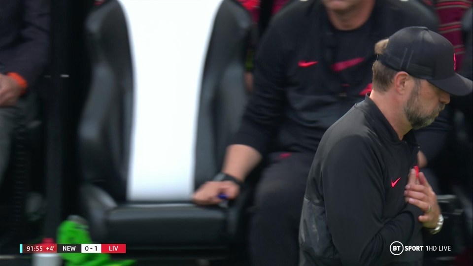 Klopp clutches his chest after he watched Shelvey clatter in Fabinho at the end of Liverpool's away trip