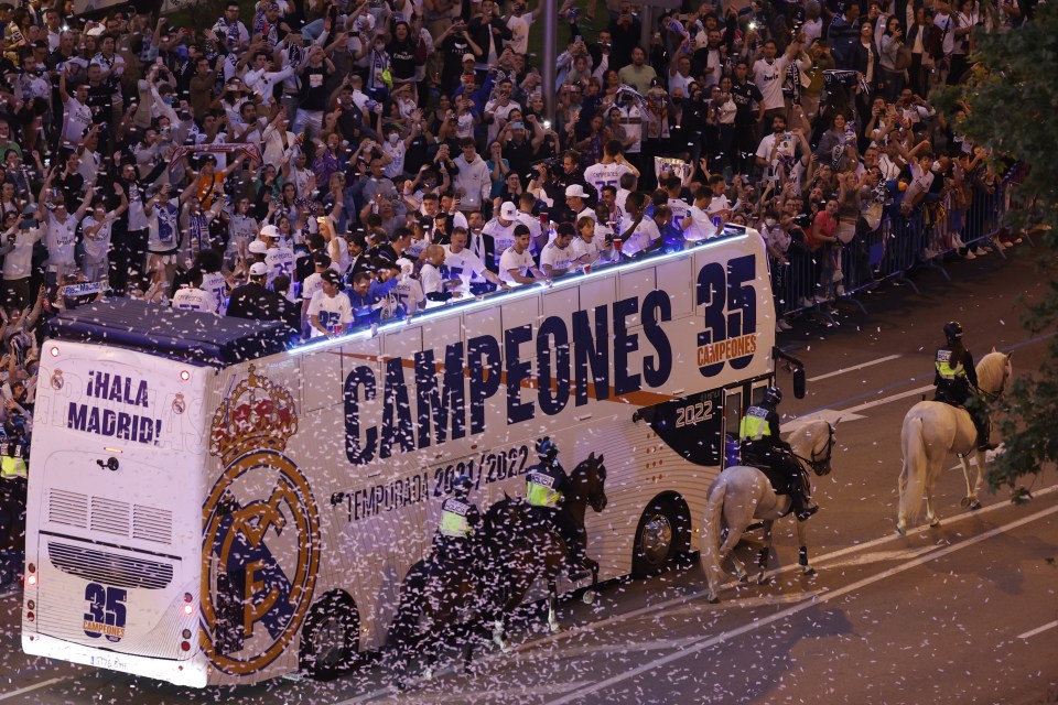 The victorious Real Madrid team at Plaza Cibeles in Madrid city centre