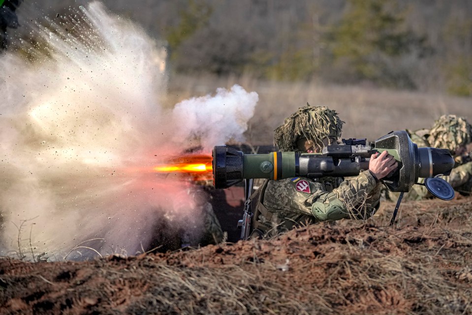 A Ukrainian soldier firing a British NLAW missile