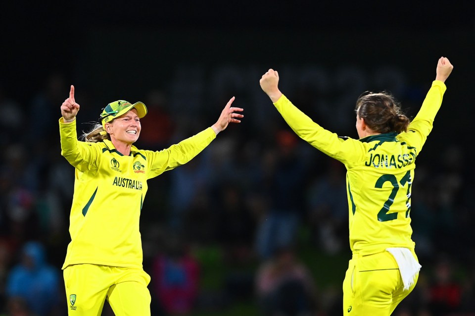 Aussie skipper Meg Lanning celebrates with Jess Jonassen