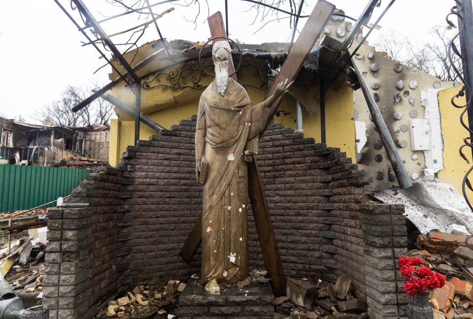 A bombed-out church in Gorenka, Ukraine