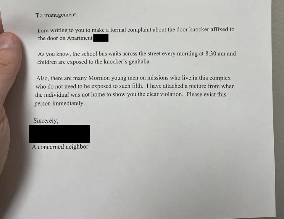 A bloke was left fuming after a neighbour complained to his landlord about his door knocker