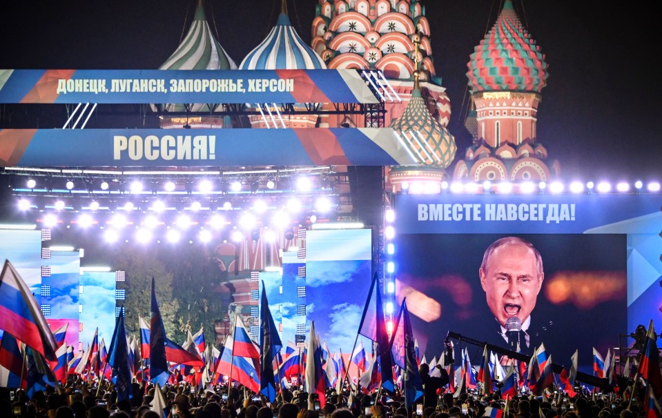 The tyrant spoke at a rally in Red Square after annexing four regions of Ukraine on Friday