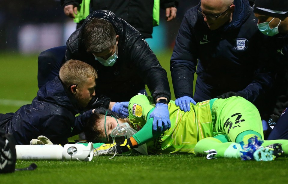 Blackpool’s Daniel Grimshaw needed oxygen before being rushed to hospital after a nasty collision with Preston’s Cameron Archer