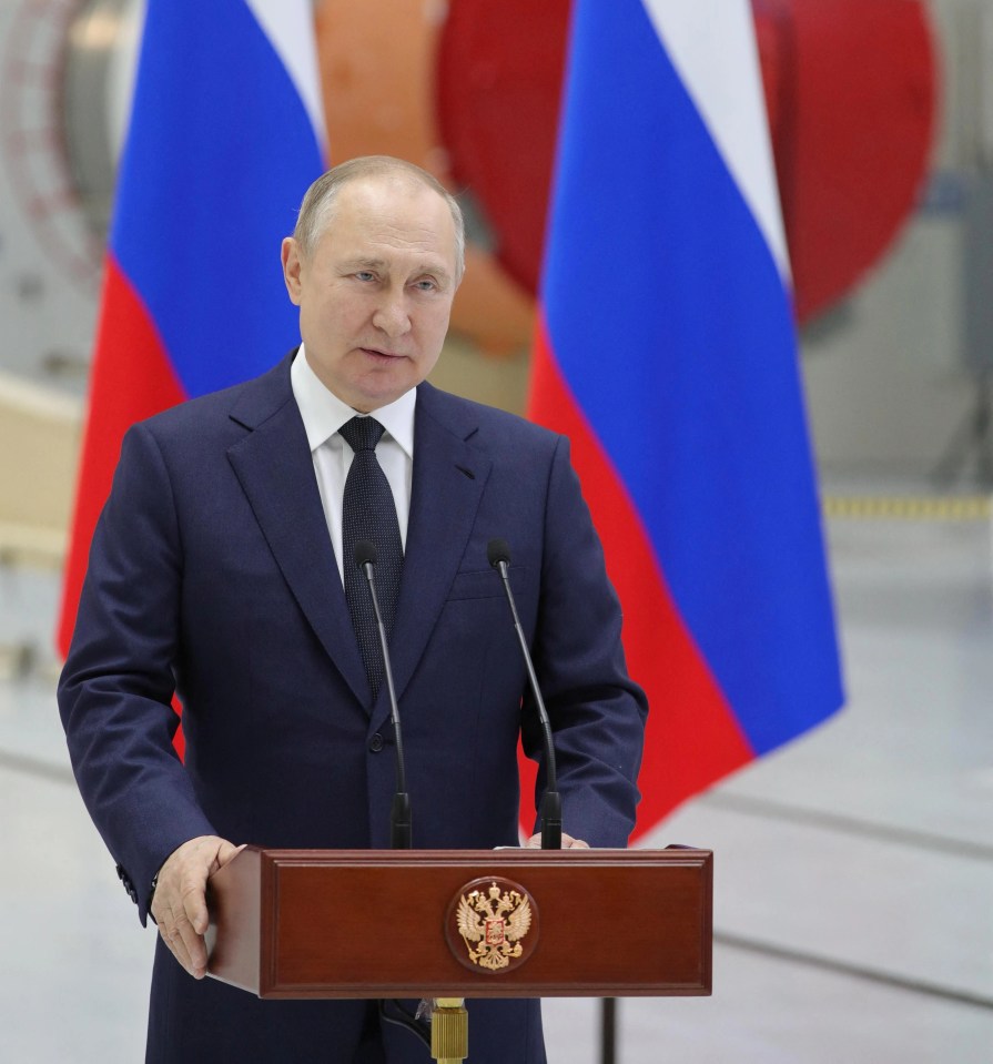 Russian President Vladimir Putin delivers a speech as he visits the Vostochny Cosmodrome in Amur