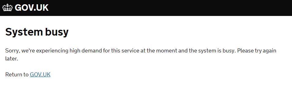 The website says the system is too busy due to high demand