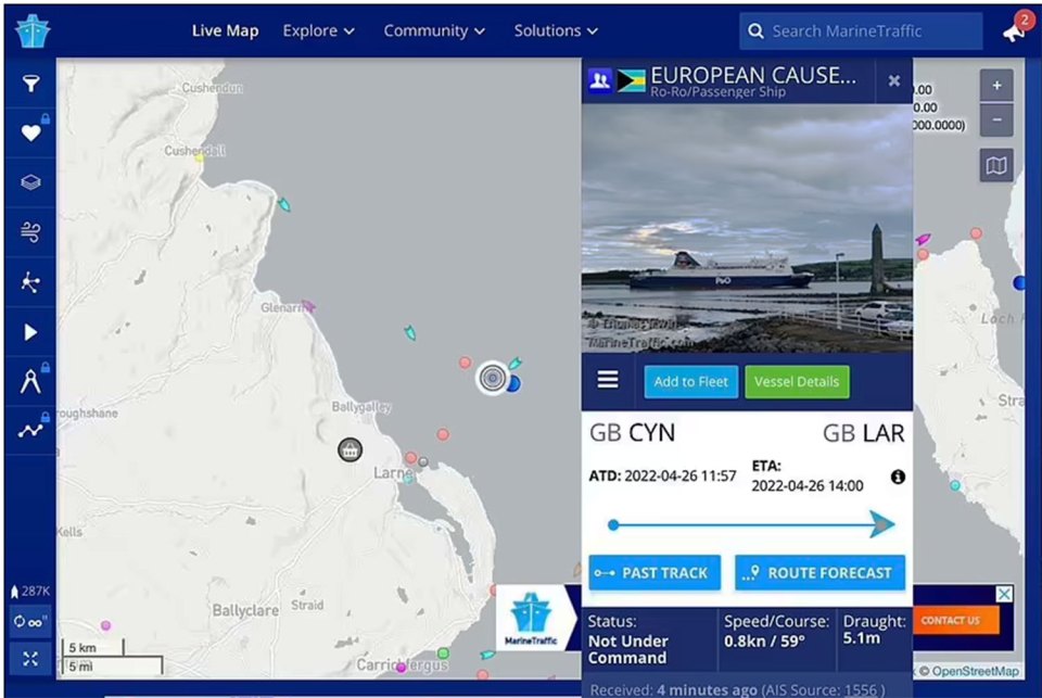 The Marine Traffic website showed that the European Causeway was well adrift