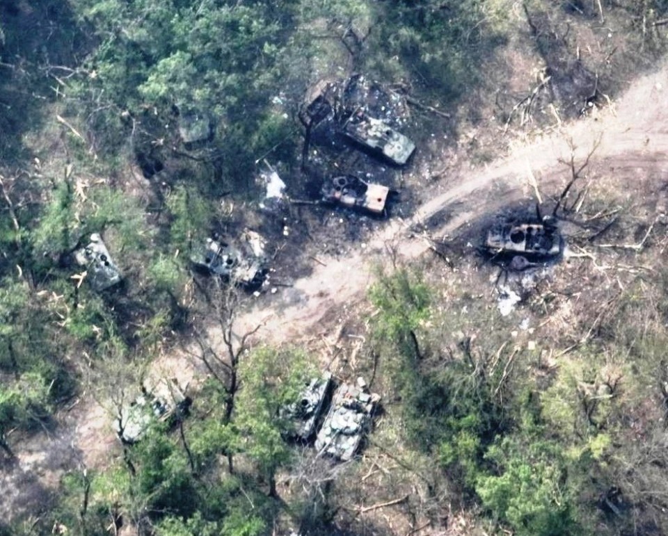 Aerial shots show a Russian battalion bombed to smithereens on the banks of Siverskyi Donets River in eastern Ukraine