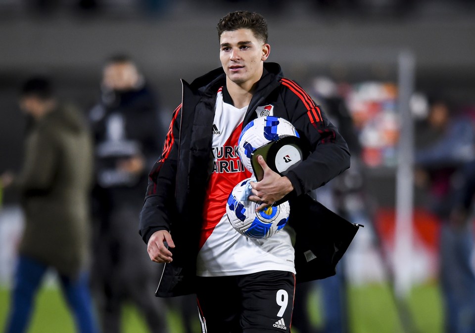 Argentine ace Alvarez - pictured leaving the pitch with TWO match balls - will link up with Manchester City in the summer after a deal was reached in January