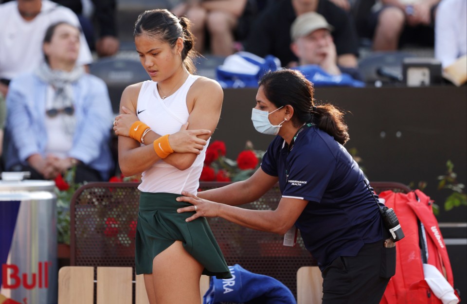 Emma Raducanu was forced to retire from her Italian Open clash with a back injury