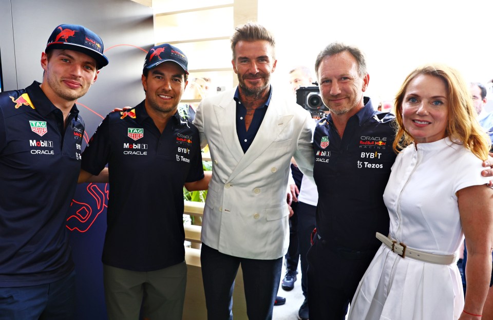 Becks caught up with Red Bull’s team including Christian Horner and wife Geri, Victoria’s fellow Spice Girl