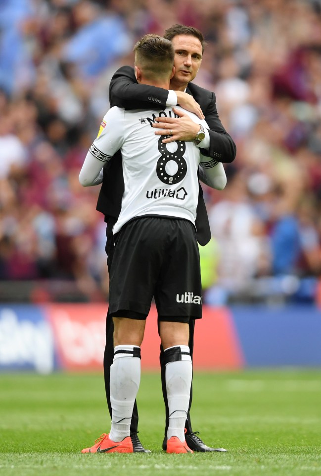 Mount with then Derby manager Lampard after the play-off final defeat to Villa