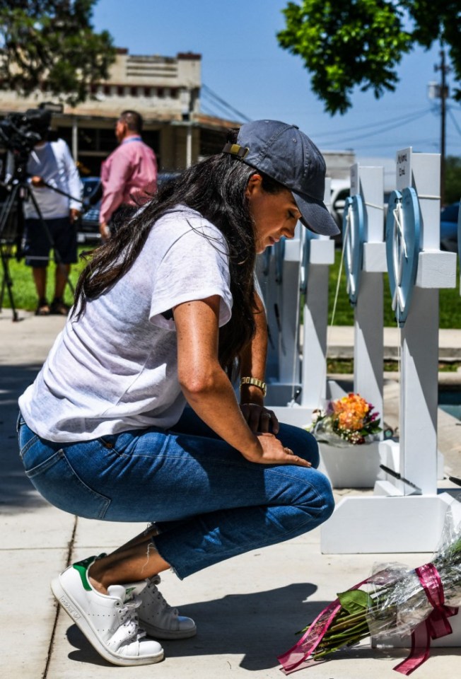 Instead of driving south to her father’s bedside, Meghan flew on Thursday on a private jet to Texas to lay a bunch of white roses at a shrine for slaughtered schoolchildren in Uvalde