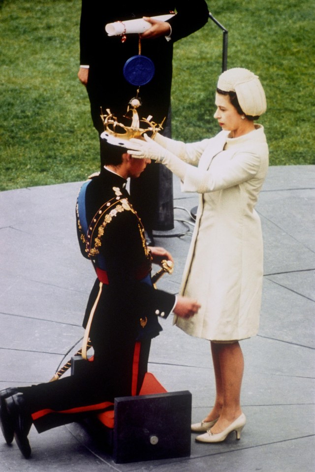 The Queen places a coronet on Charles during his investiture as Prince of Wales