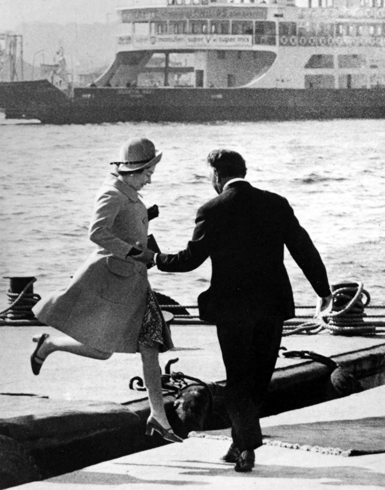 Her Majesty leaps off a barge in her first state visit to Turkey in 1971