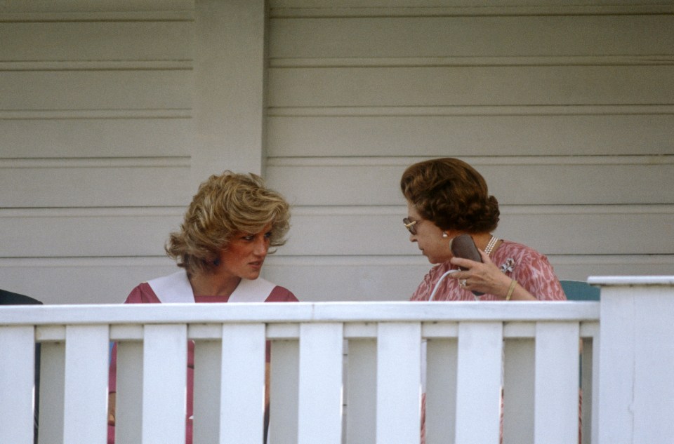 A pregnant Princess Diana chats with the Queen at a polo match in 1984