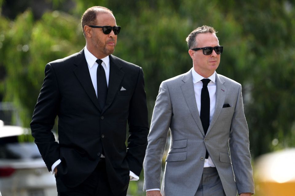 Symonds pictured with Michael Vaughan at Shane Warne's funeral in March