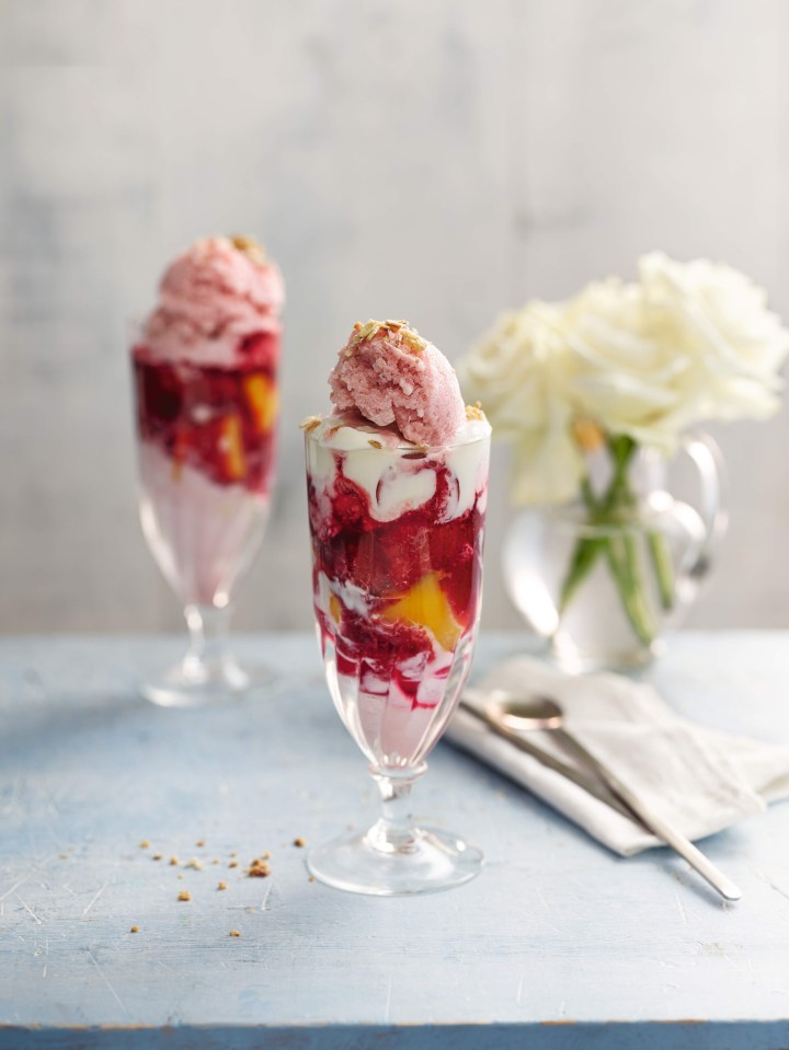 Top with another scoop of frozen yoghurt, crumble over the rest of the cereal and serve with long-handled spoons