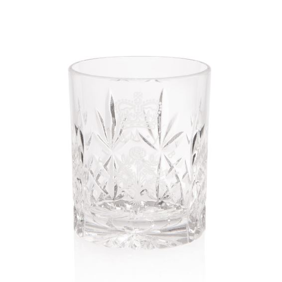 The crystal tot glass has the Platinum Jubilee crest engraved on it