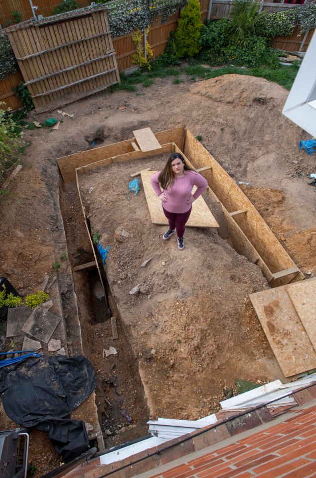 Mum Michaela Maidwell has been left with a giant hole in her garden after a row with her builder