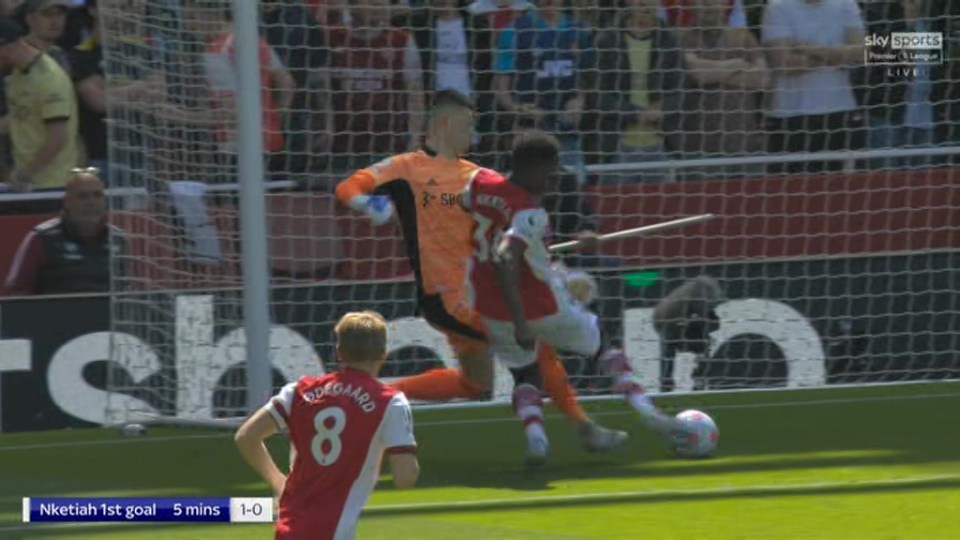 Nketiah tackled Illan Meslier on his goalline for the first in the fifth minute