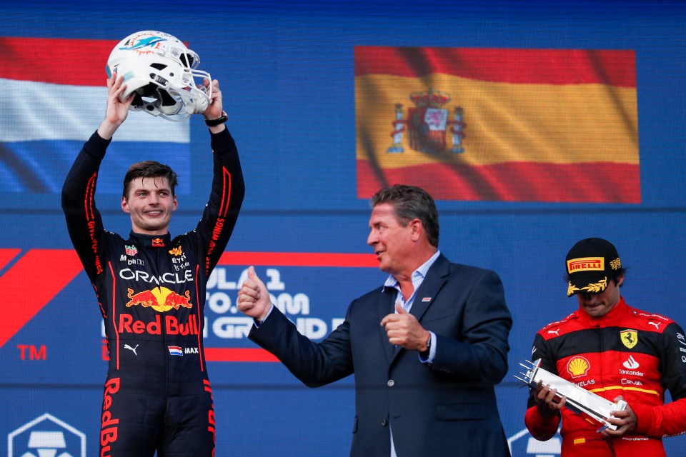 Verstappen was presented with a Miami Dolphins helmet by legendary quarterback Dan Marino