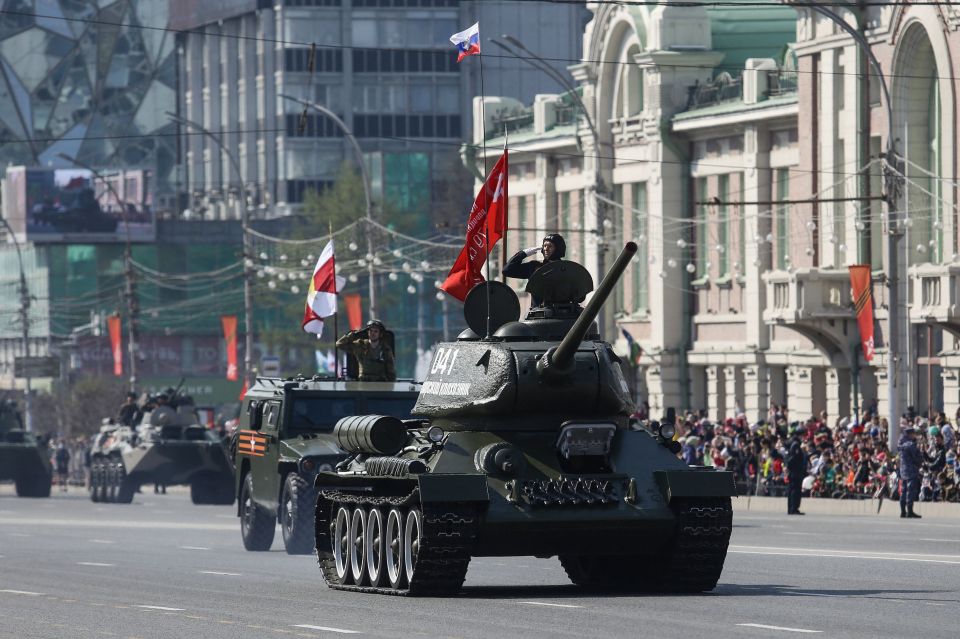 Russian tanks on parade in Red Square for the commemoration