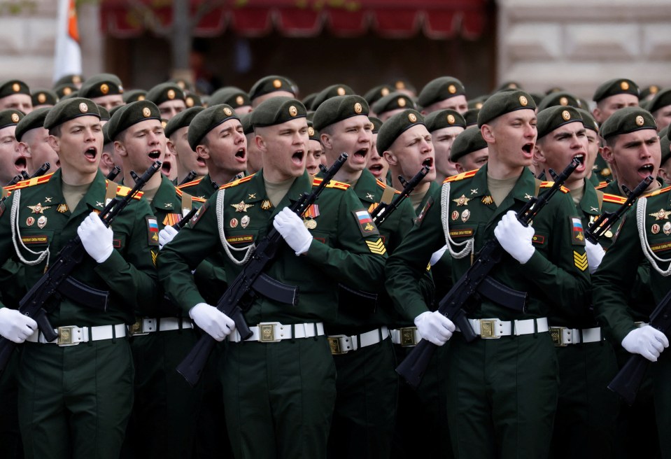 Russian soldiers marching through Red Square