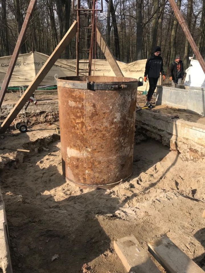 An excavation tube at the surface above where the team claim they have found a metal canister