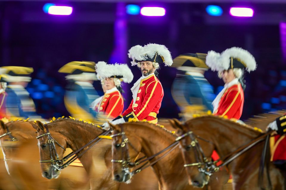 The Garde Republicaine perform during the charity preview night of at the Royal Windsor Horse Show at Windsor Castle