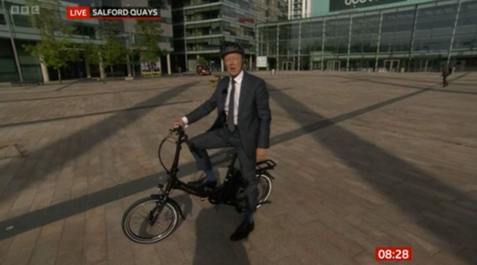 Charlie had headed outside the Salford Quays studios for a cycling segment