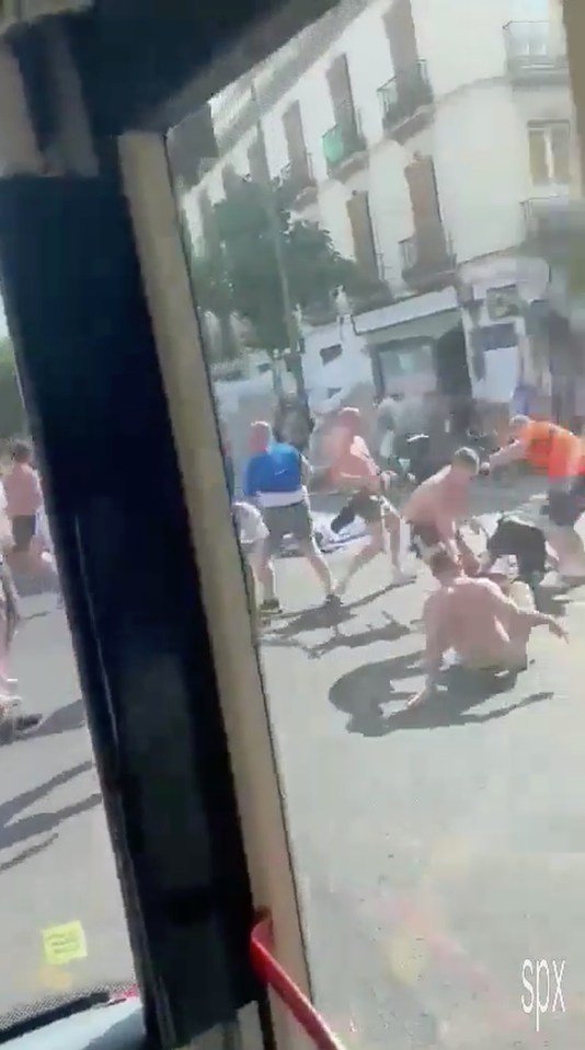 The topless thugs caused chaos in the city centre hours before kick-off