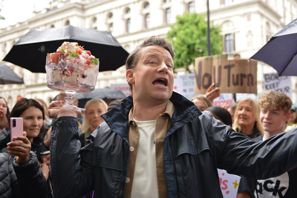 Jamie Oliver at a protest at Downing Street yesterday