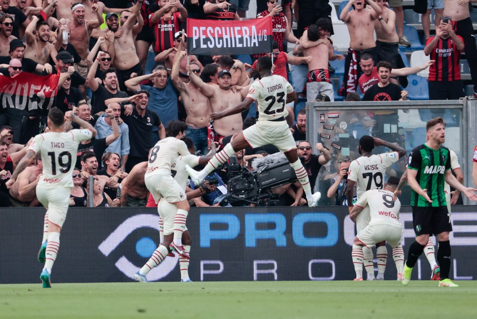 Ex-Chelsea defender Fikayo Tomori, centre, was on a high after Franck Kessie, right, made it 3-0 for Milan in just the 36th minute