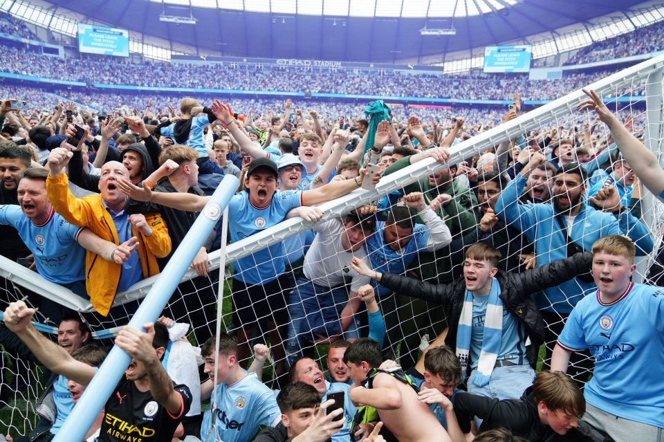 Manchester City fans broke the goal after invading the Etihad pitch