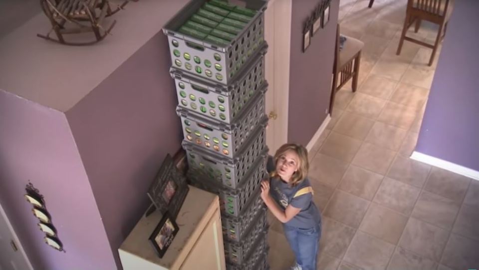 Missy has managed to get her hands on so much pasta, the tower is ten crates high