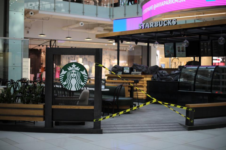 A closed Starbucks cafe in the Aviapark shopping center in Russia