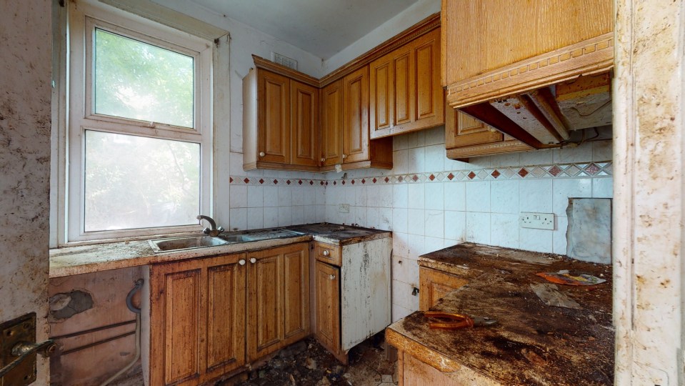 The kitchen hides beneath coats of muck while old cabinets hang drably from the walls