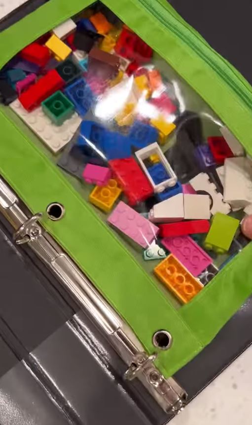 Then she used a ring binder pencil pouch to put all the Lego in - keeping it contained and easily accessible