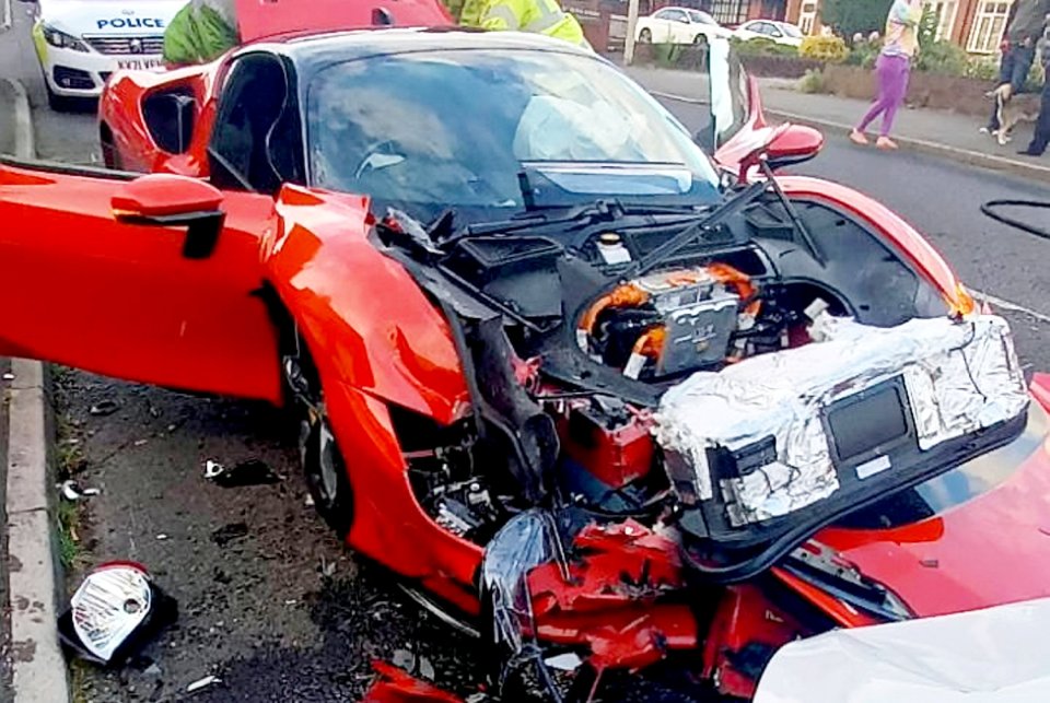 Severe damage caused to a £500,000 Ferrari SF90 involved in a head-on crash in Halesowen, West Midlands.