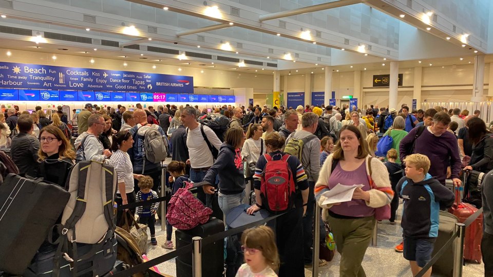 Passengers waited in huge queues at Gatwick Airport in London today